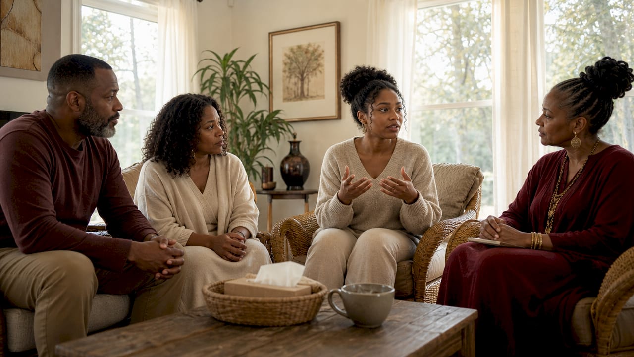 Family in counseling session discussing trauma