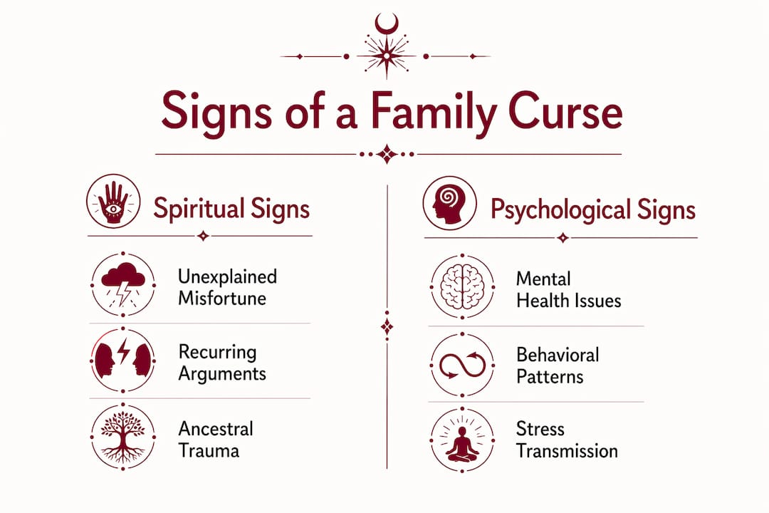 Infographic comparing spiritual and psychological family curse signs