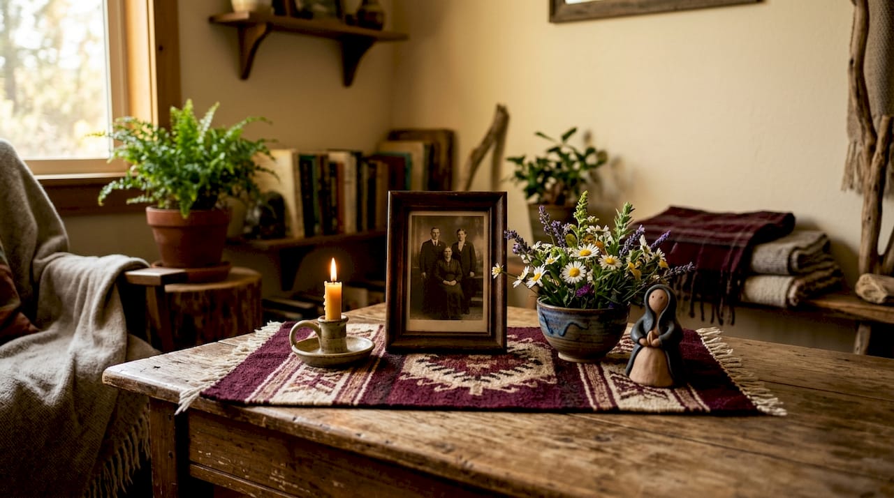 Close-up of meaningful objects on family altar