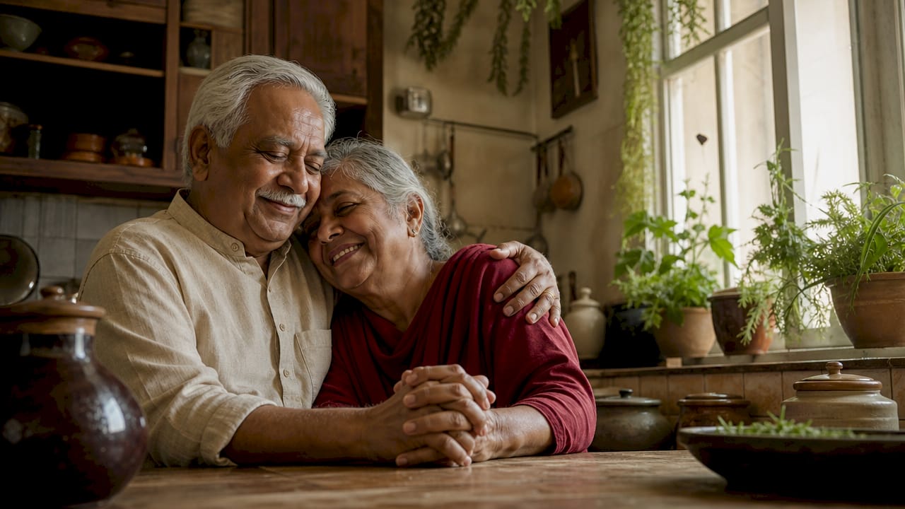 Elderly couple sharing evening embrace ritual