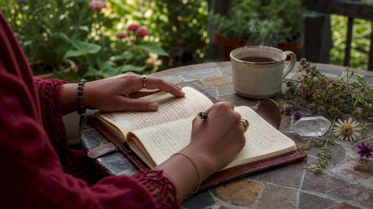Hands writing in journal during spiritual follow-up