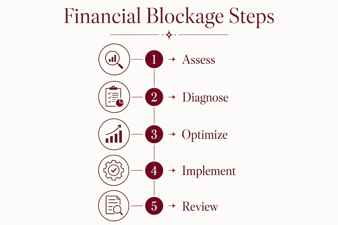Infographic illustrating steps to remove financial blockages
