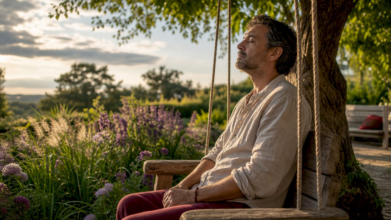 Man meditating outdoors visualizing energetic connection