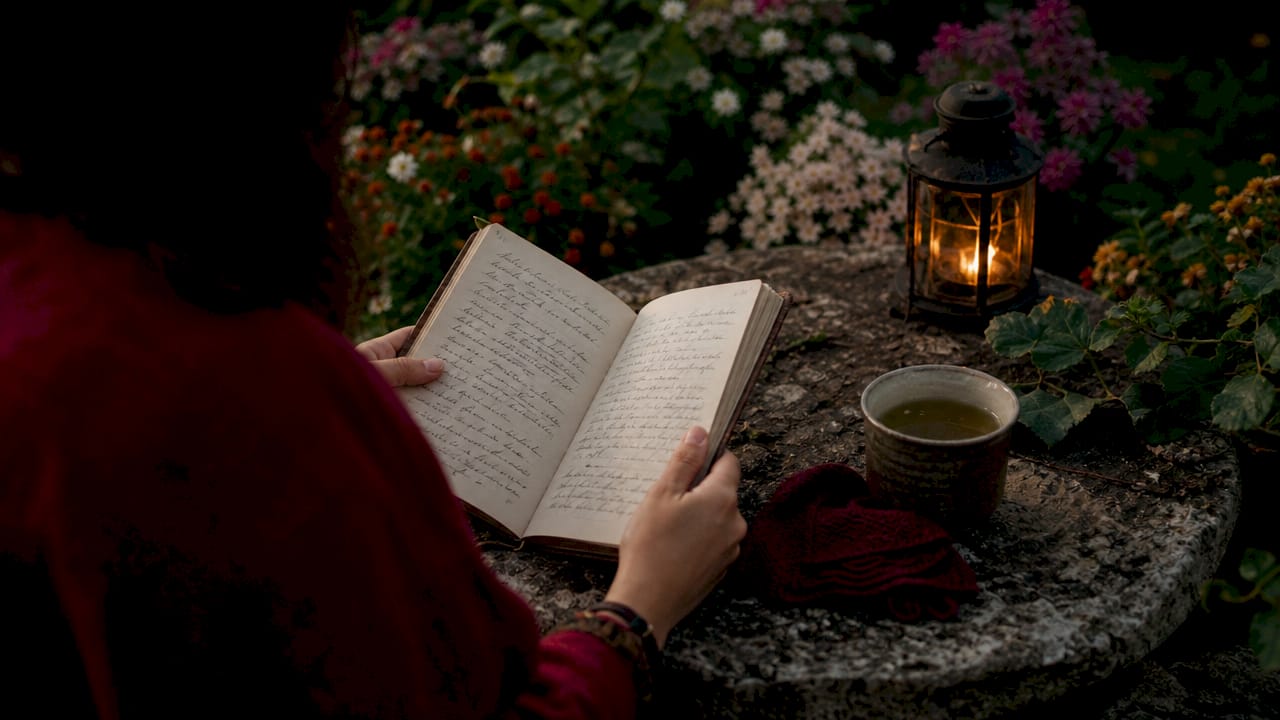 Hands on journal with herbal tea and glasses