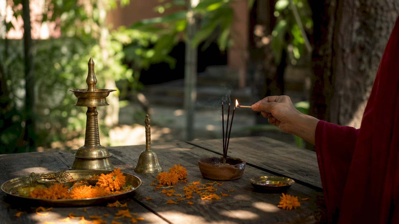 Close-up of ritual objects during blessing ceremony