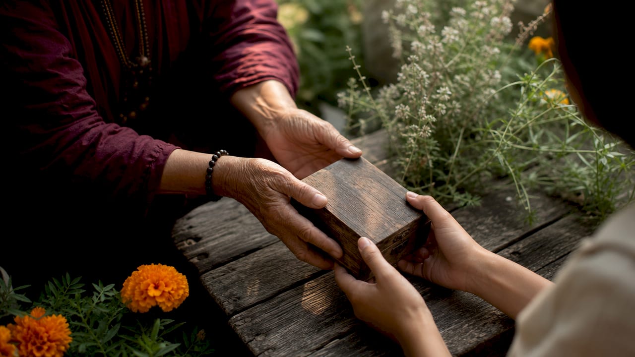 Elder and younger hands holding ancestral memory box