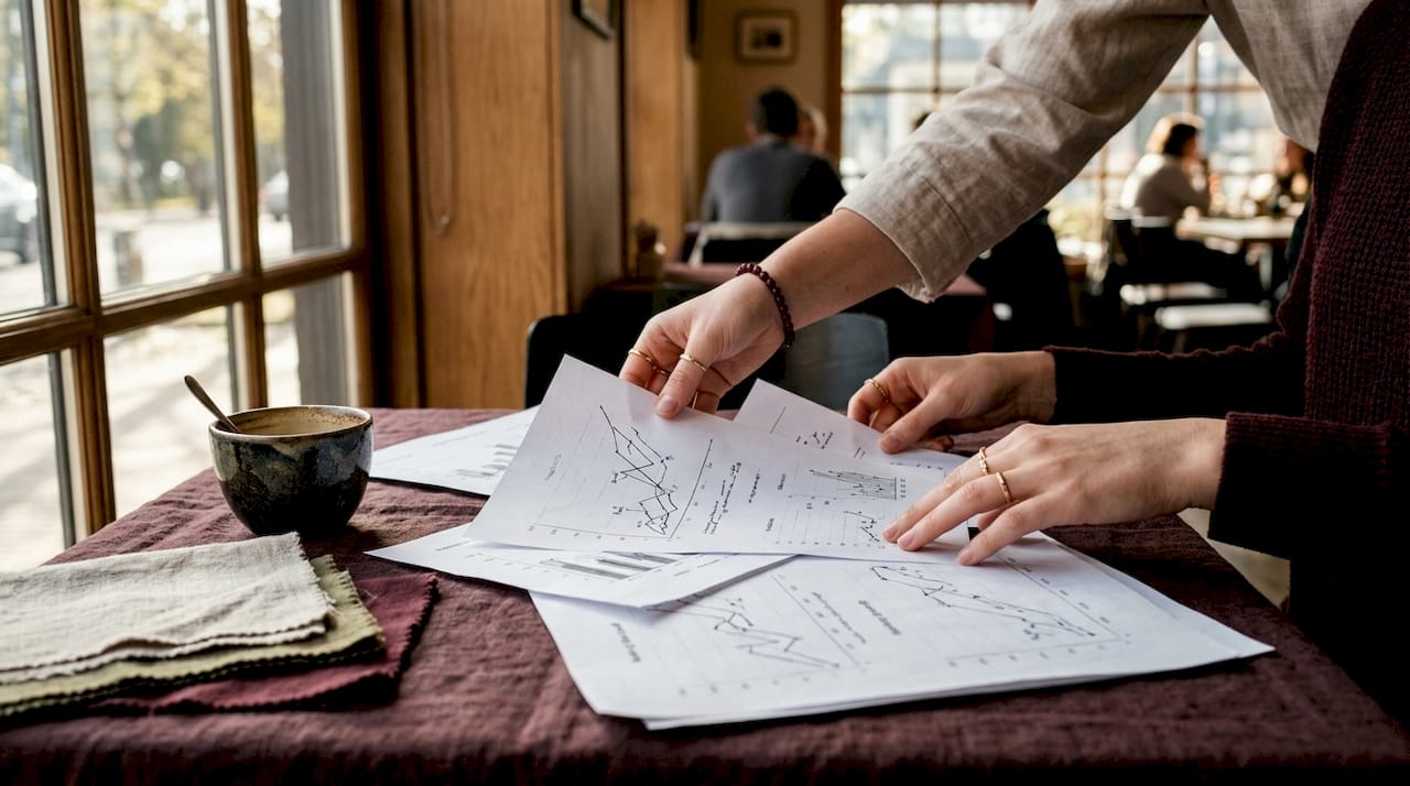 Close-up of hands reviewing market growth charts