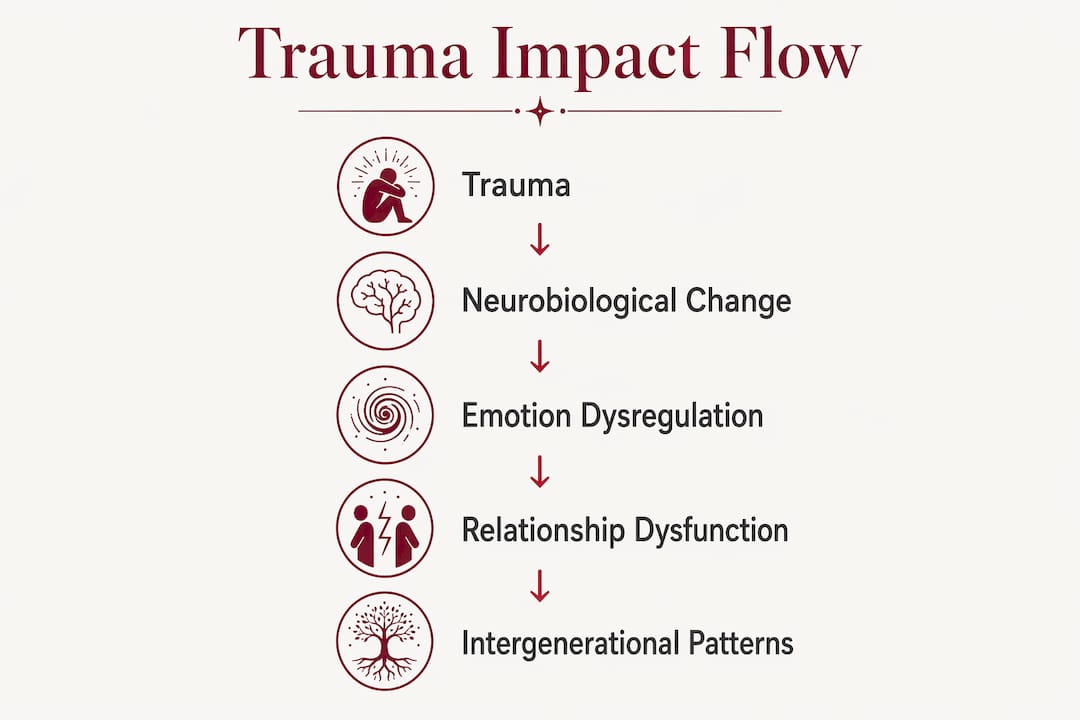 Infographic illustrating trauma impact flow in family relationships