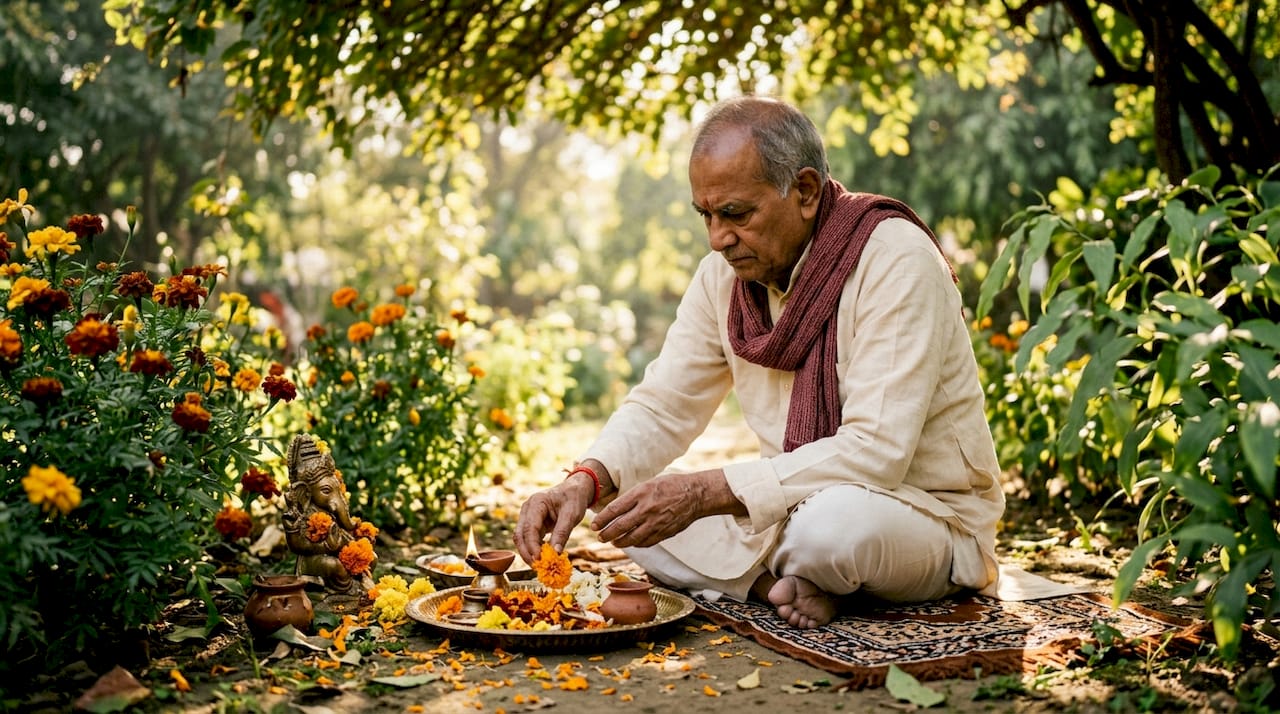 Man performing Ganesh Puja ritual in office