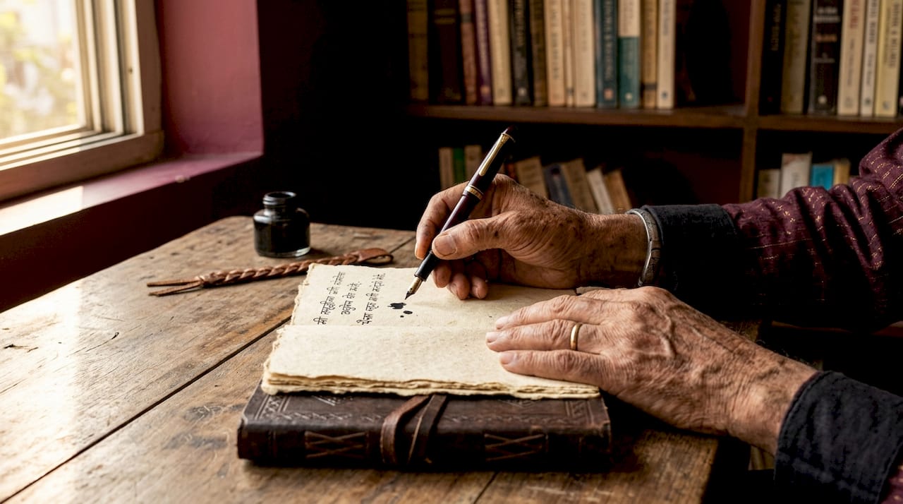 Close-up of elderly man writing affirmations