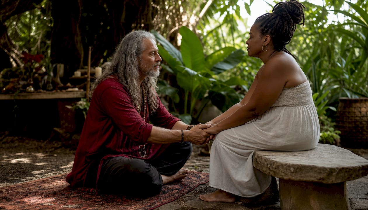 Healer holding client's hands during session
