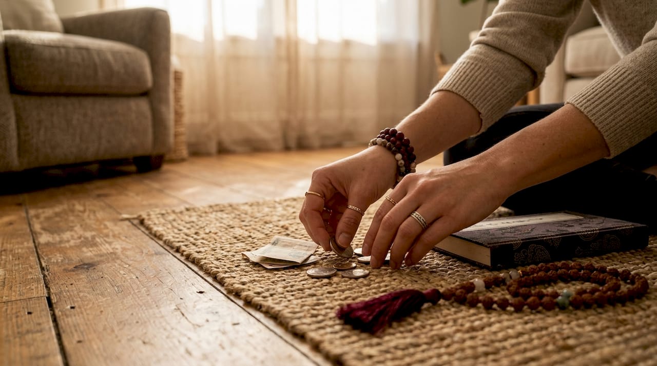 Hands arranging coins near spiritual book