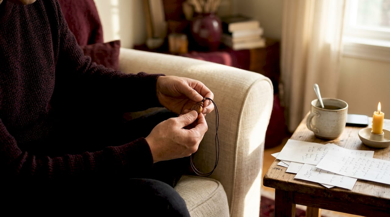 Founder holding talisman amid desk clutter