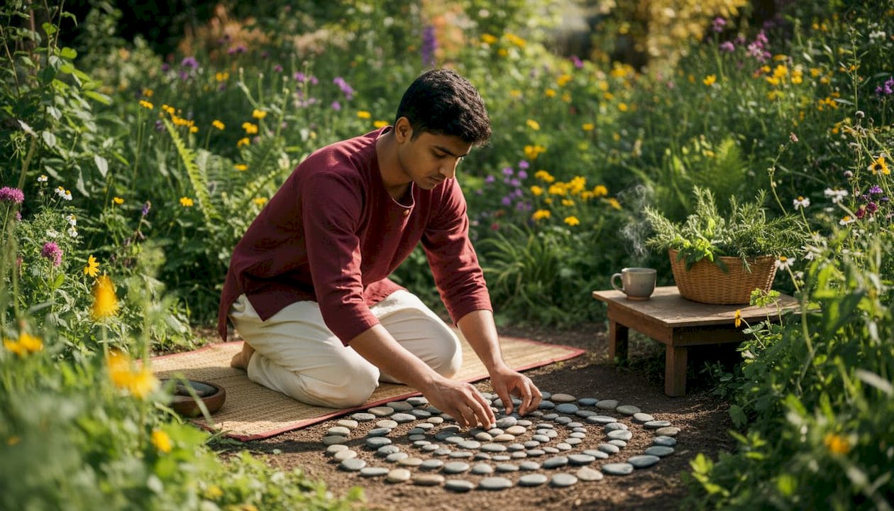 Practitioner arranging stones during healing