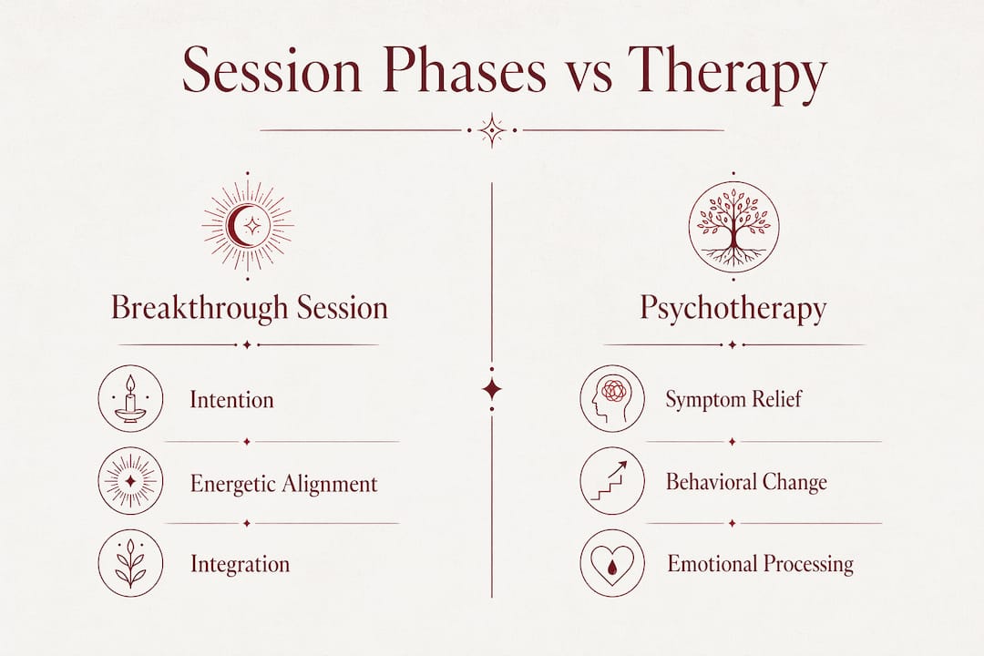 Infographic comparing healing session phases to therapy