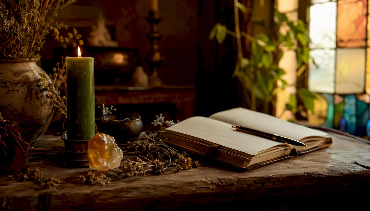 Close-up of symbolic business altar tools and materials