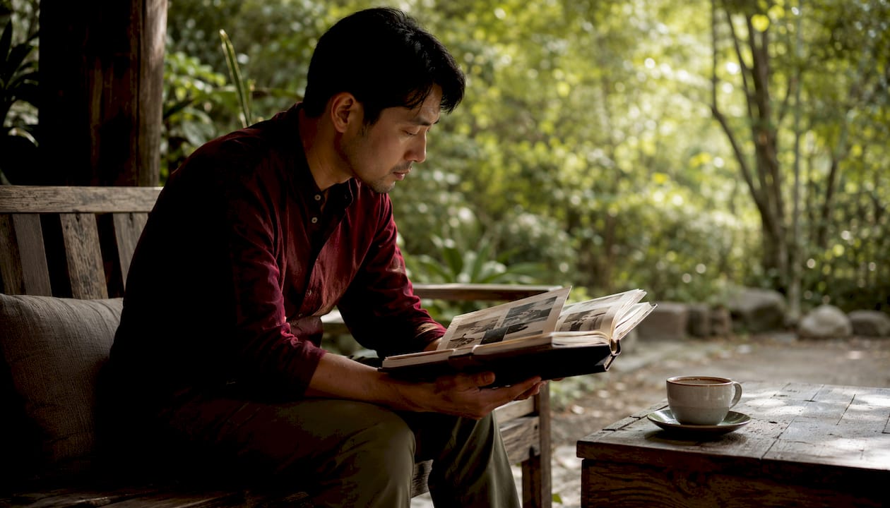 Man reflecting with family photos and tea