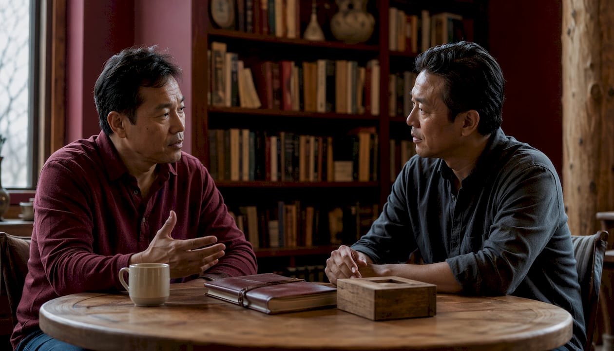 Two men discuss leadership over table
