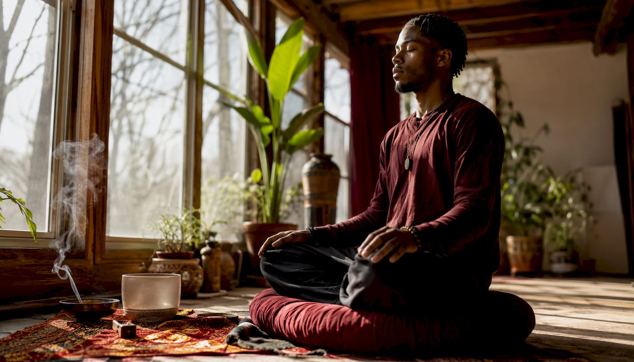 Man meditating in spiritual self-care setup