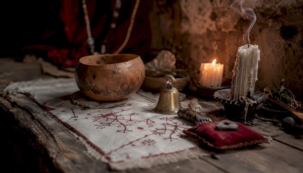 Close-up Haitian Voodoo ritual altar objects