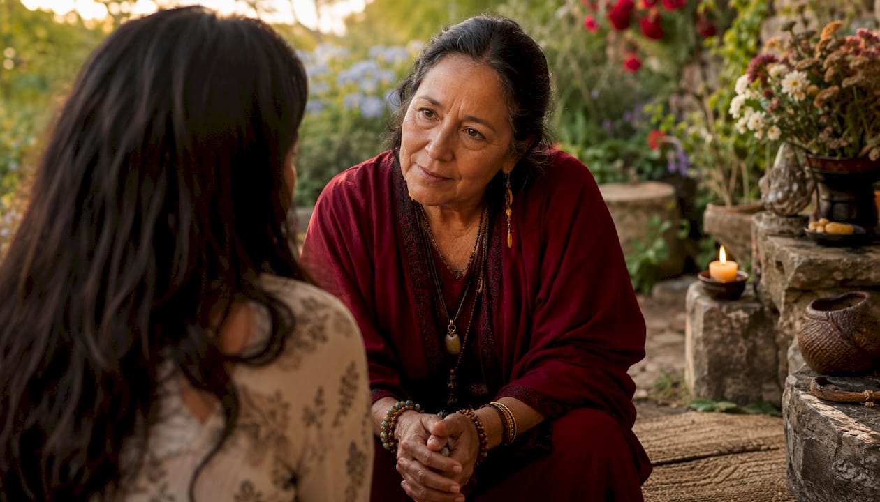 Spiritual healer and client in confidential consultation