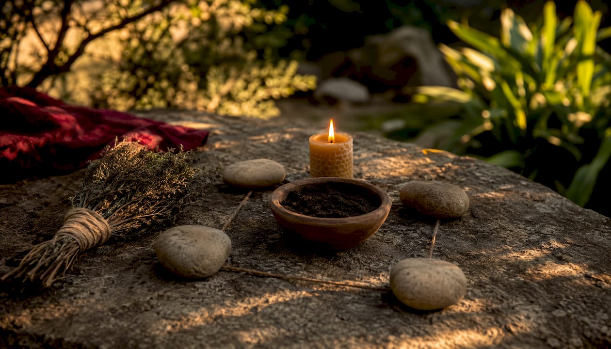 Overhead view of Earth energy ritual altar with stones and soil