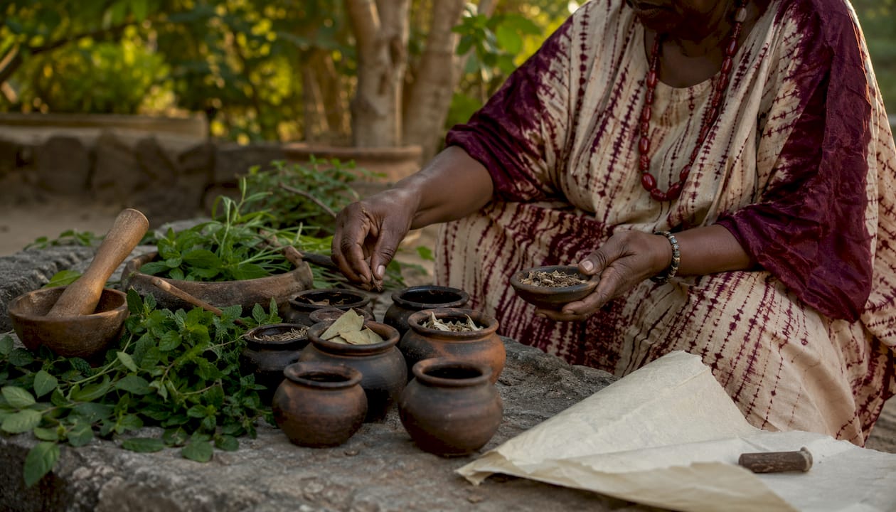 Hands picking ancestral ritual herbs from jars