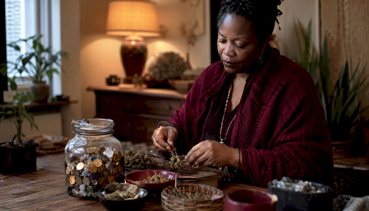 Woman arranging prosperity jar and herbs