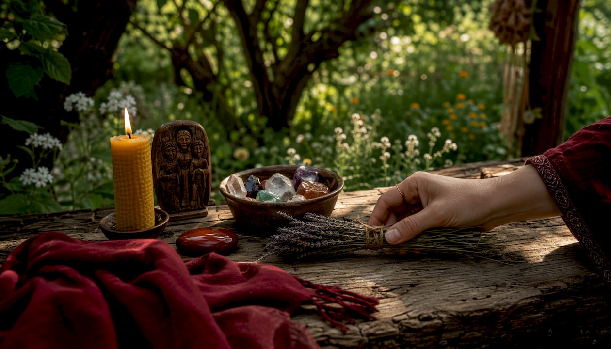 Hands arranging materials for personalized ritual
