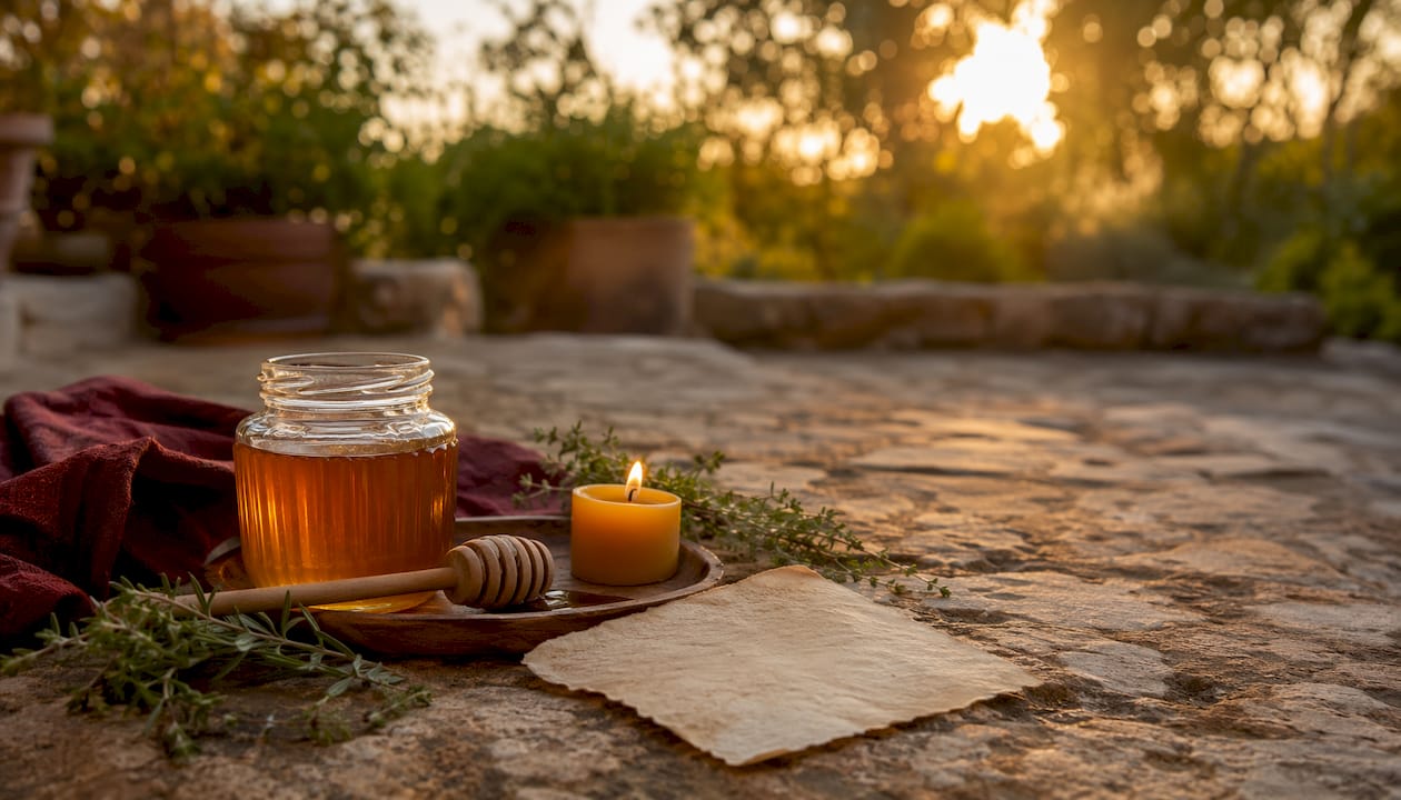 Honey jar ritual setup in sunlight on wooden table