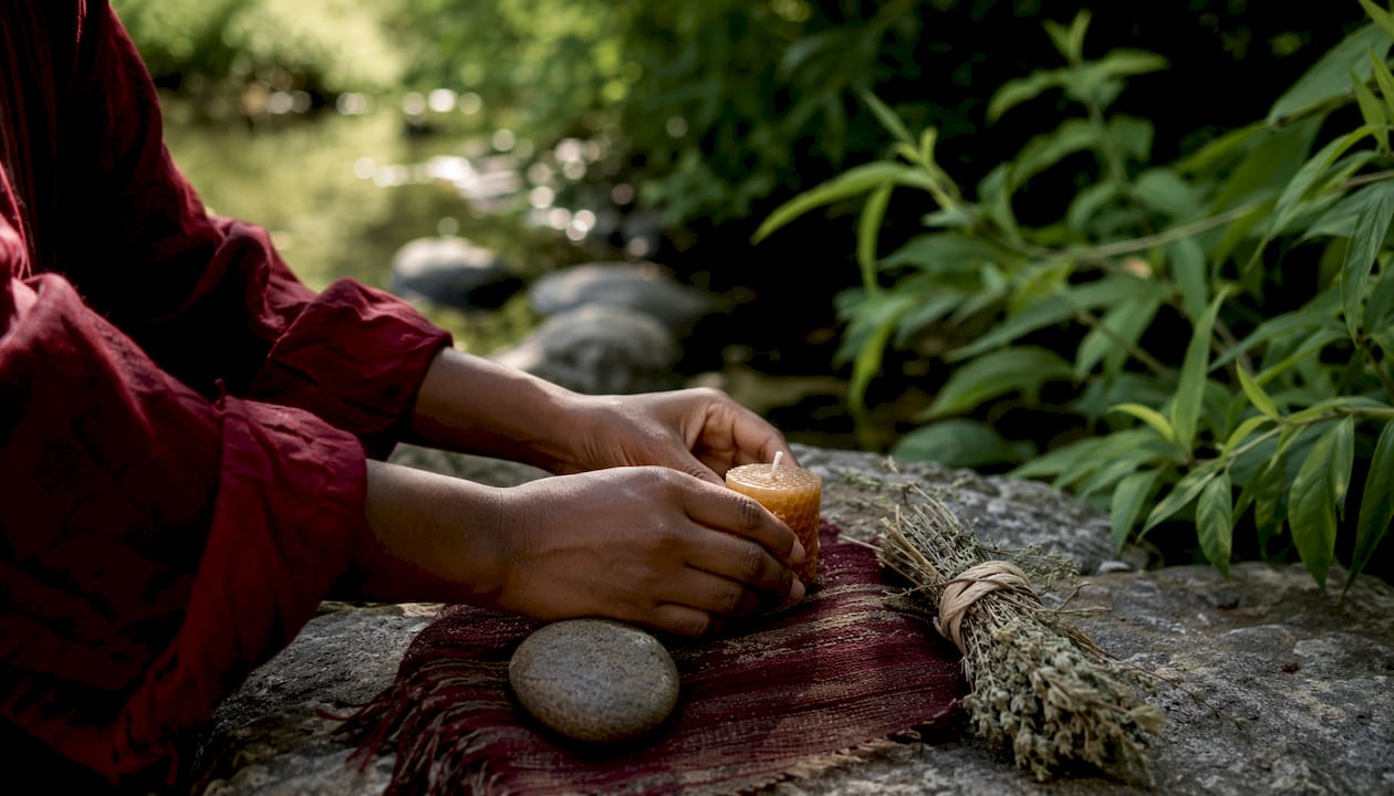 Close-up hands placing ritual candle on altar