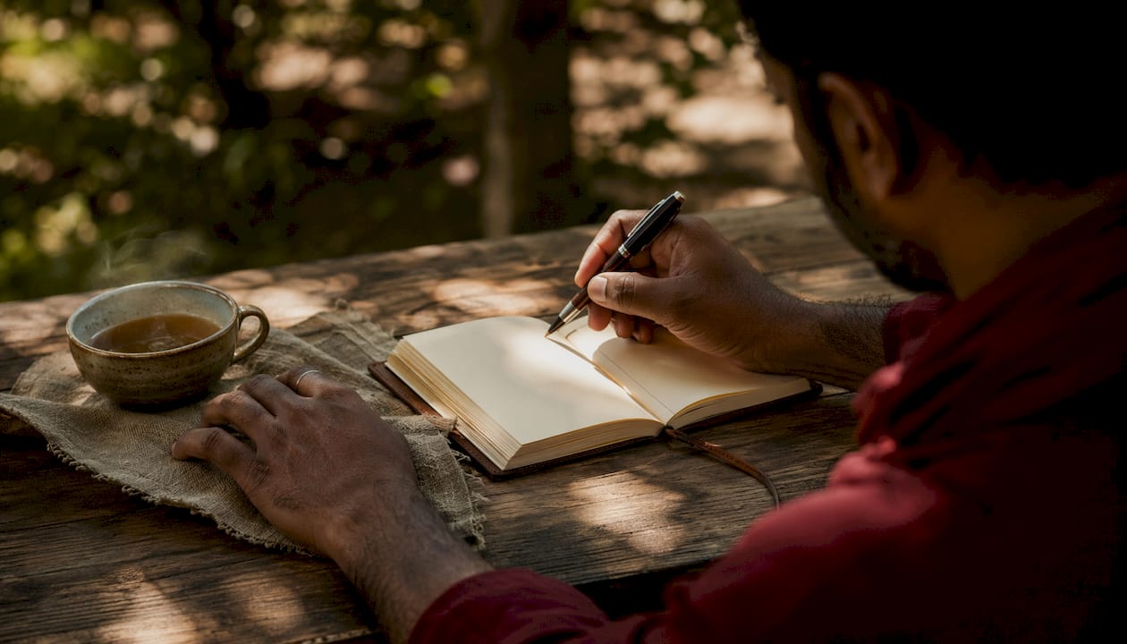 Entrepreneur writing values in journal at café table