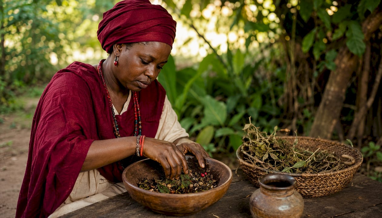 Hands mixing ritual ingredients in bowl