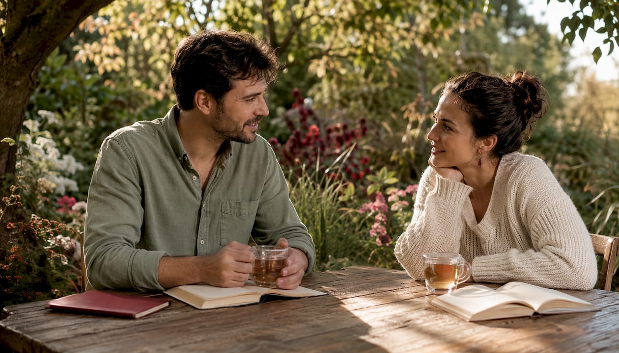 Couple having calm, consent-focused conversation in café