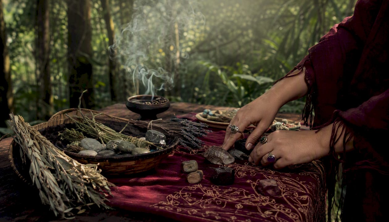 Close-up of ritual altar with herbs and incense