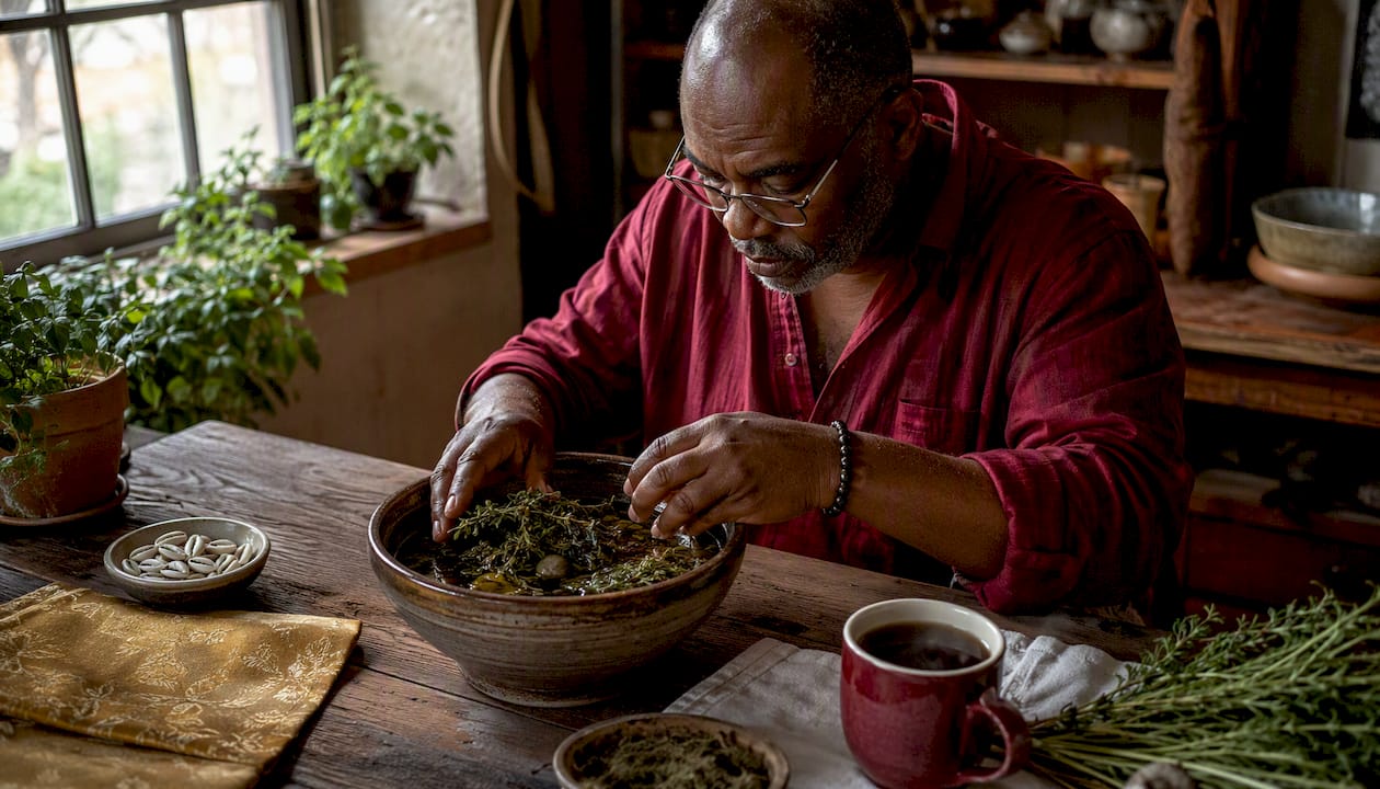 Entrepreneur preparing ritual materials at desk