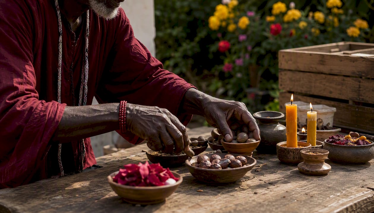 Hands placing offerings on outdoor altar table