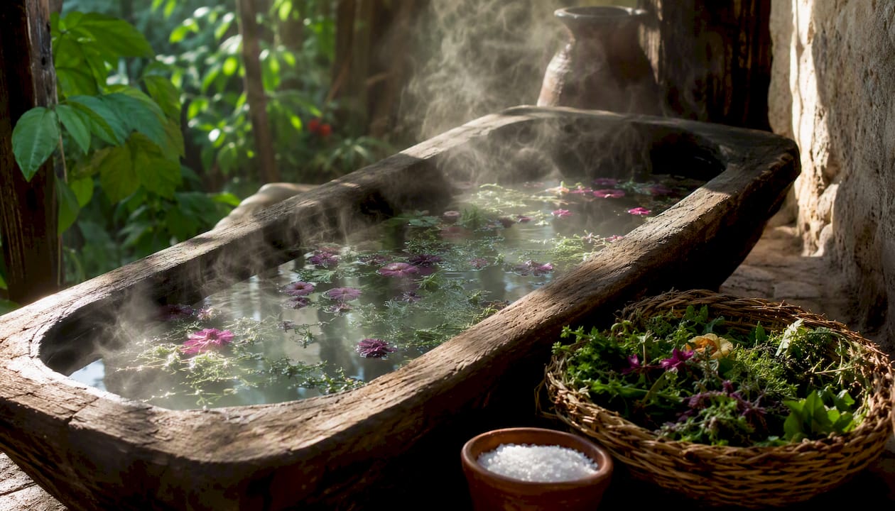 Herbal spiritual cleansing bath in wooden tub