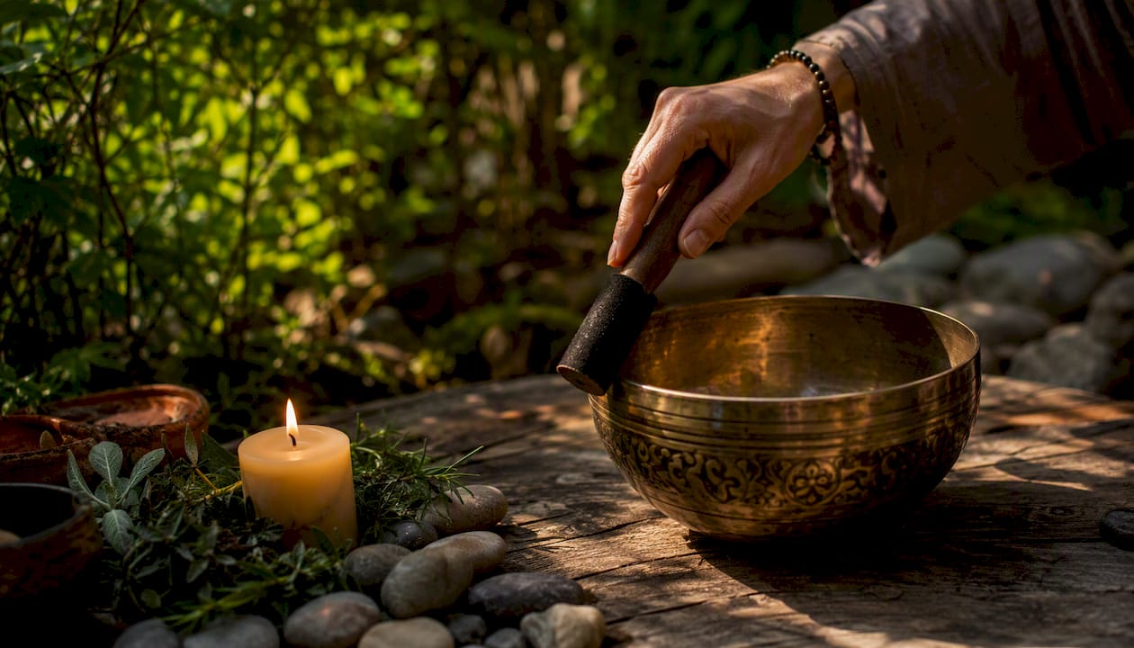 Hand striking Tibetan singing bowl in office