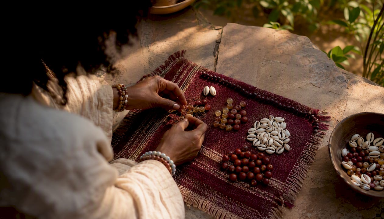 Hands arranging ritual beads and shells