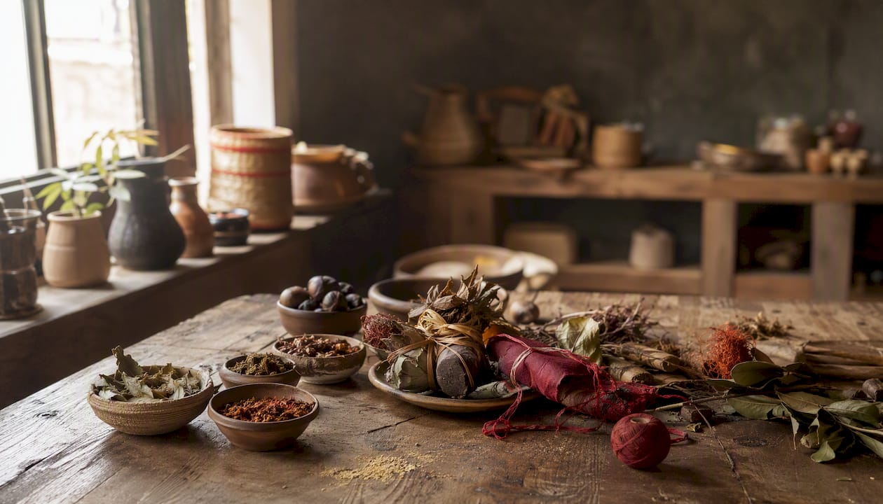 Close-up of ritual materials and offerings on table