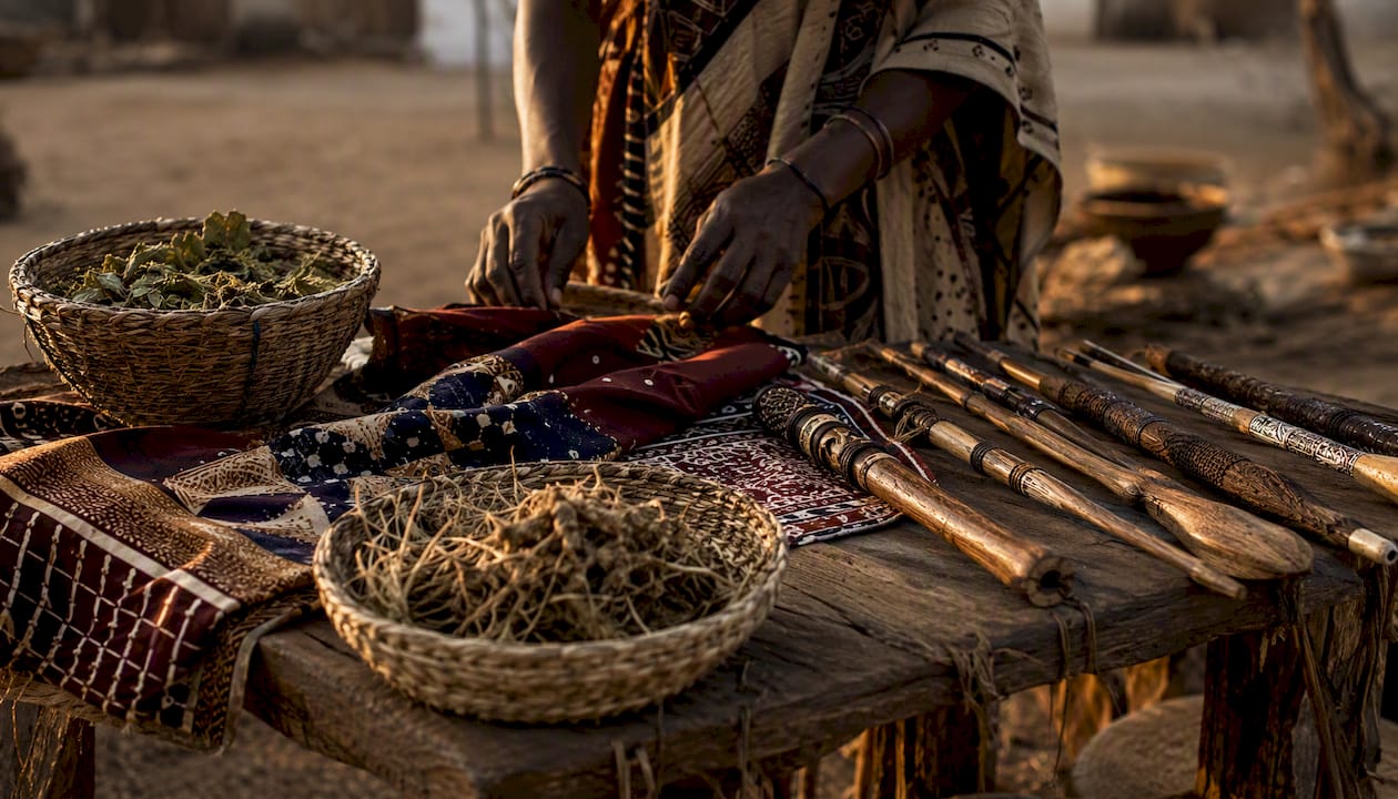 Traditional ritual items arranged for festival