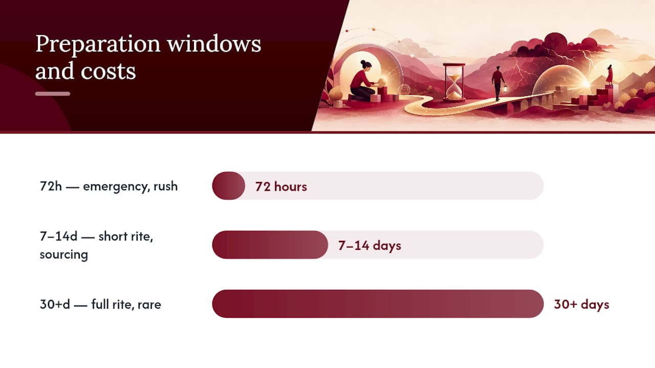 Timeline diagram of ritual preparation windows and costs