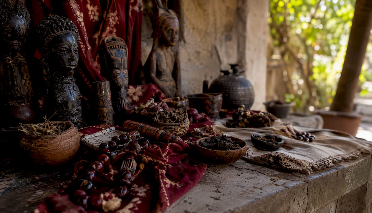 Initiation ritual objects on wooden altar