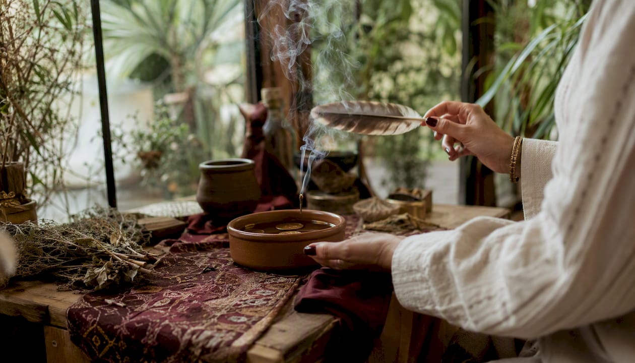 Hands fanning incense smoke in business ritual