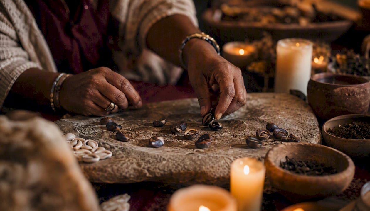 Hands casting palm nuts in Ifá divination