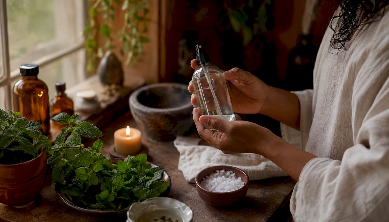 Hands holding protective mist spray bottle