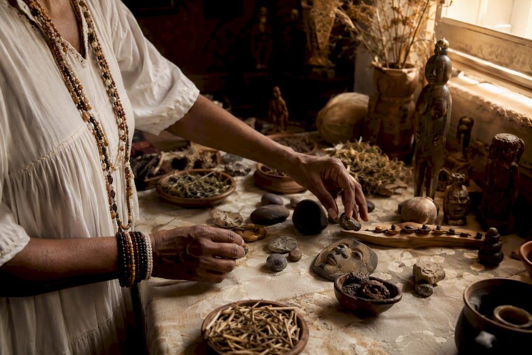Practitioner arranging ritual tools thoughtfully