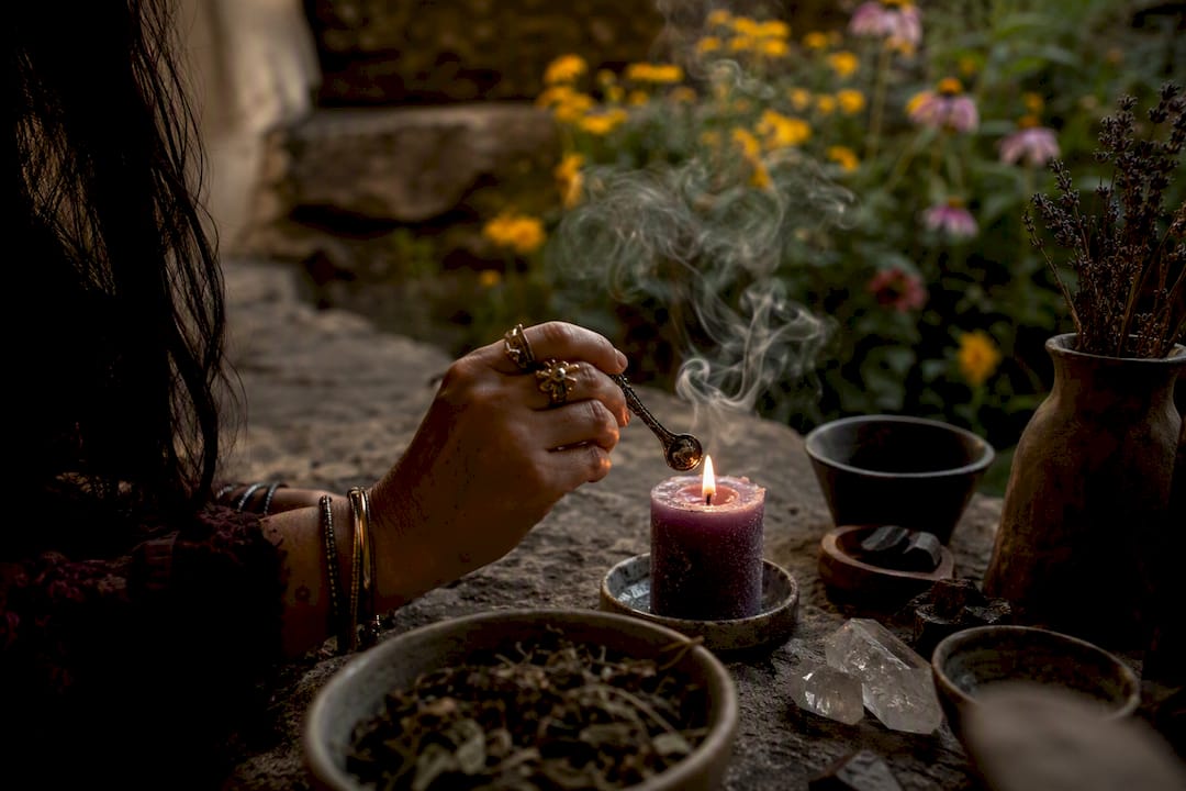 Hands consecrating a tool with candle smoke