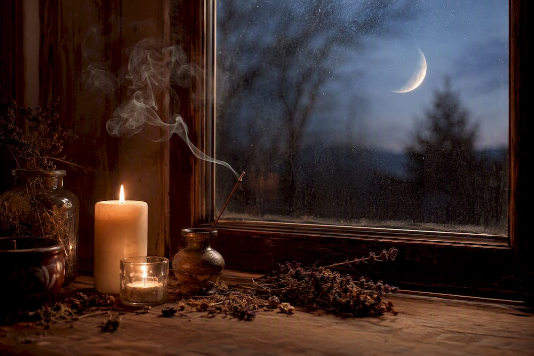 Candles on window sill under waxing moon